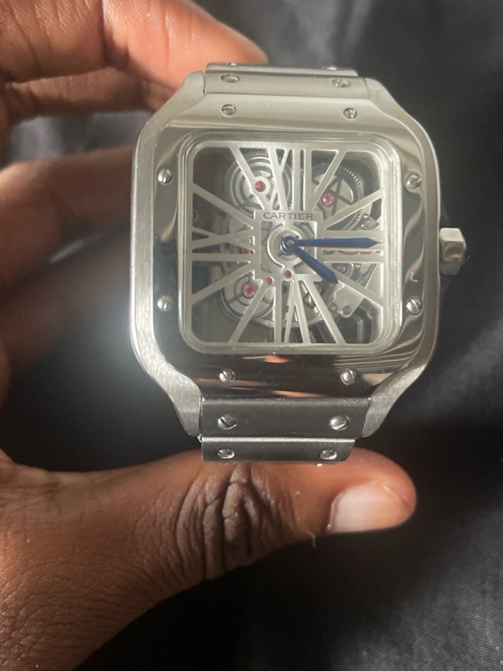 Cartier Men's Silver Skeleton Santos with Blue Hands